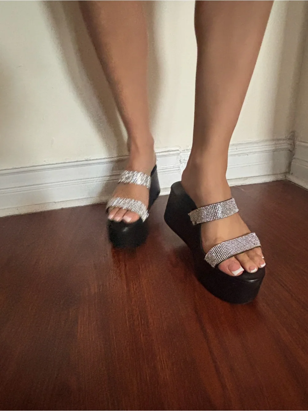 Platform Slide Sandals with Rhinestone Straps - Black